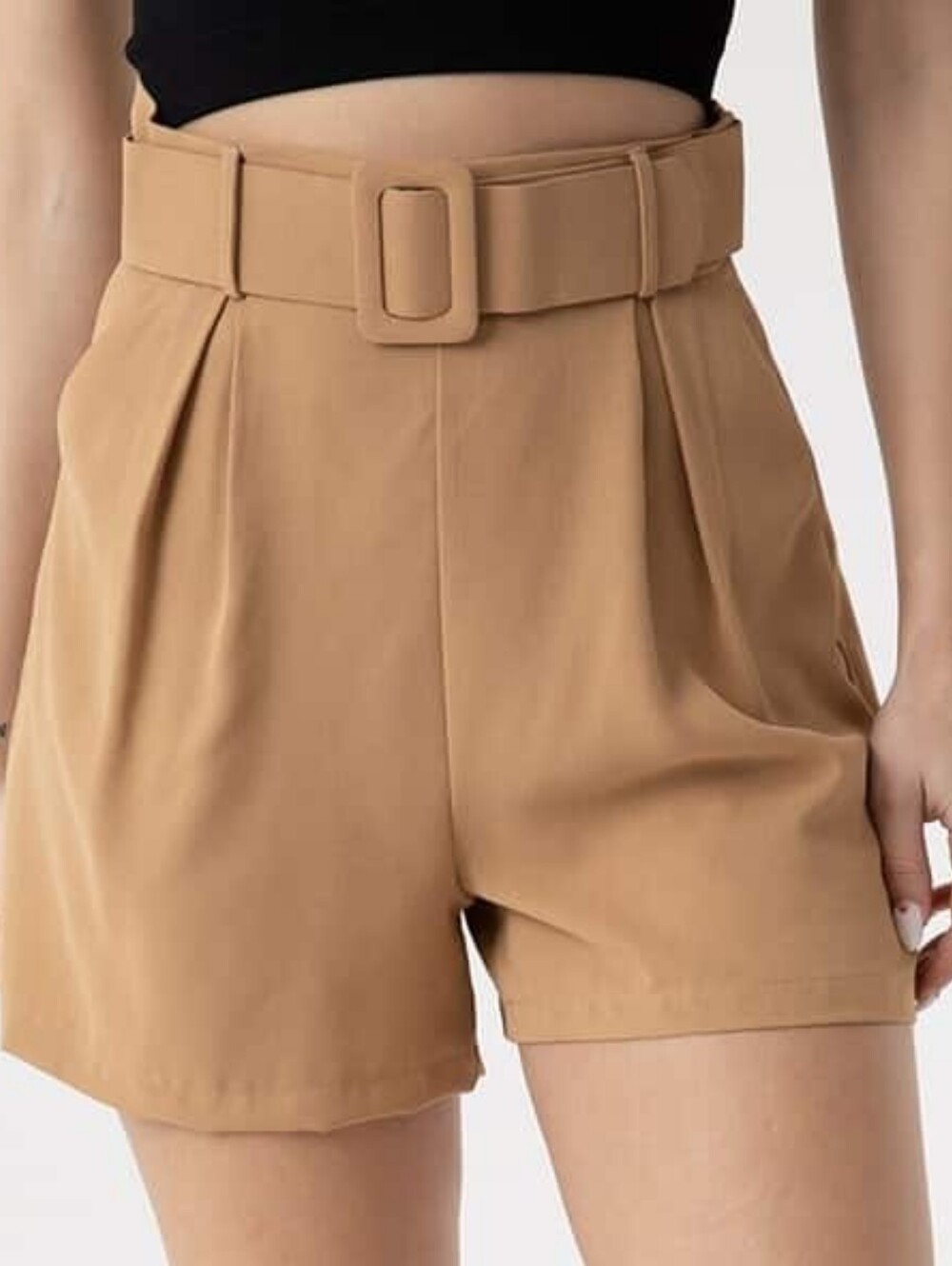 New York & Company High-Waist Belted Shorts - Camel Sz Small